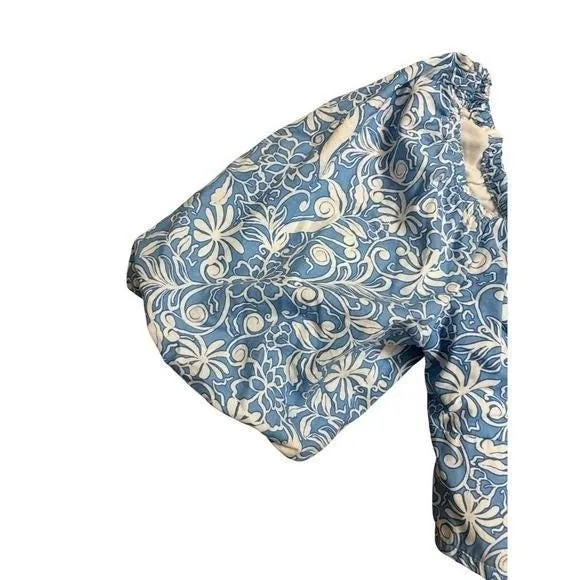 Japna Blue‎ White Floral Smocked Square Neck Crop Top Puff Sleeve Tie Front Sz M - Image 4