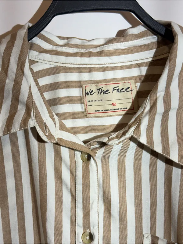 NWT Free People Bailey Navy Stripe Ruffle Hem Cotton Button Up Shirt XL - Image 6