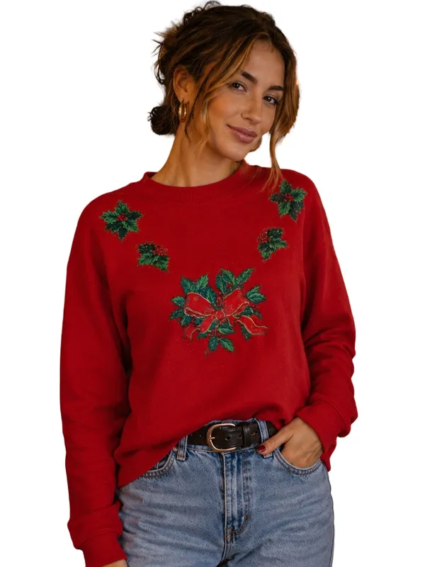 VTG 90s Hand Painted Puffy paint Christmas Sweatshirt USA crewneck Cottagecore L - Image 2