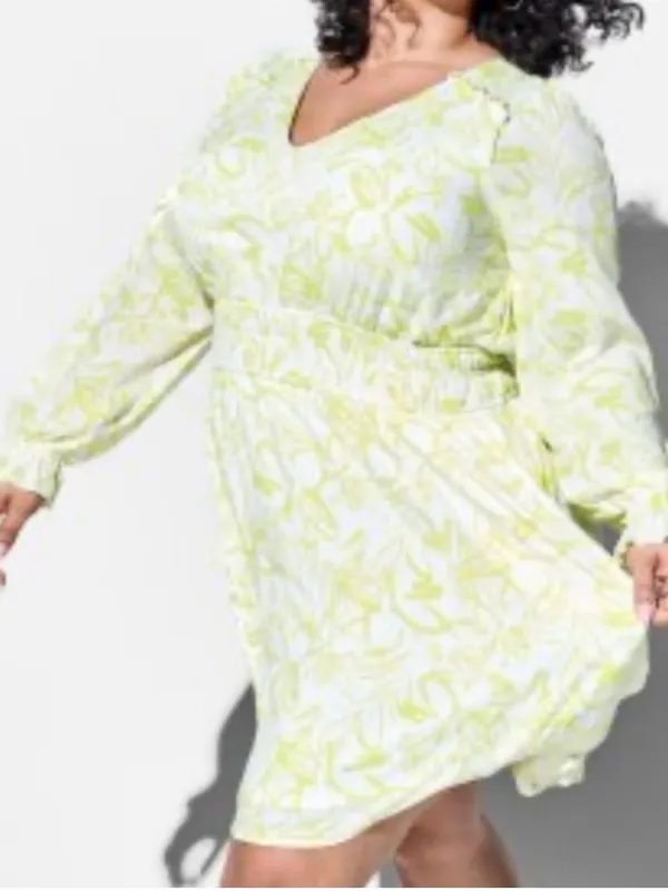 torrid Light Yellow Floral V-Neck‎ Long Sleeve Dress - Image 2