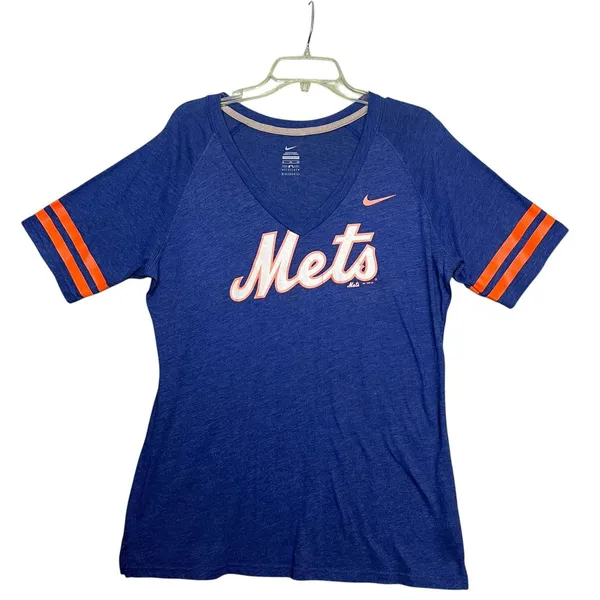 New York Mets Shirt Womens XL Blue MLB Baseball Nike V Neck Stripe Sleeves - Image 2