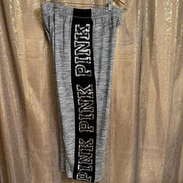 PINK Victoria's Secret Sequin Bling Logo Boyfriend Pant Sweatpants Gray Black La - Image 2
