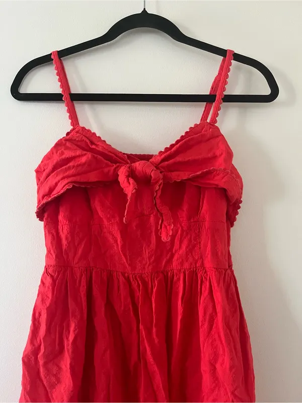 Old Navy Red Bow Front Midi Dress Small Cotton Resort Vacation Euro Summer - Image 2