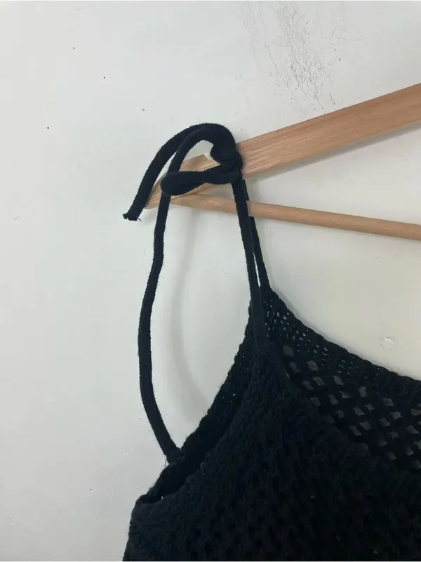 ZARA Black Crochet Knit Tie Strap Crop Tank Top Boho Festival Beach Cover-Up S - Image 5