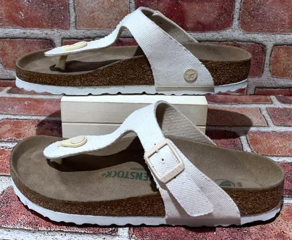 Pre-Owned Birkenstock Gizeh Canvas Vegan Thong Sandal Eggshell Beige Size 6 - Image 4