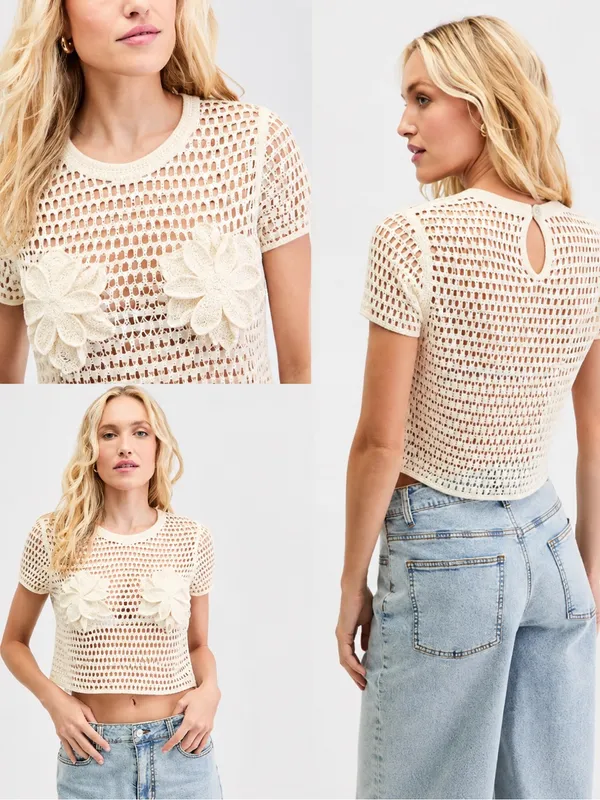 065- Bar III Cream Knit Floral Crochet Top Size Medium - Image 2