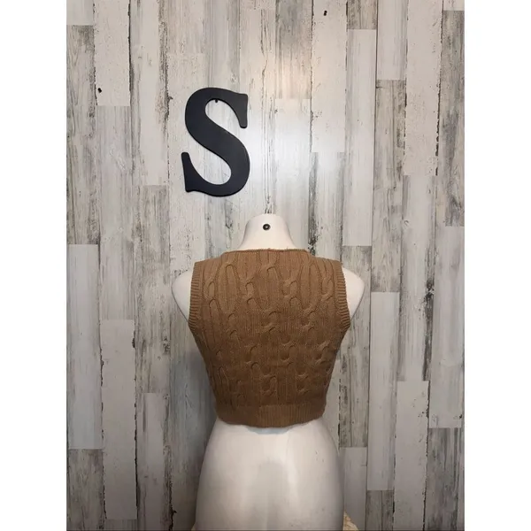 Camel Beige Cable Knit V-Neck Cropped Sweater Vest Women's Size Small - Image 4