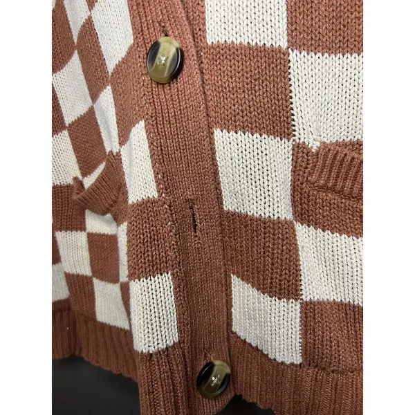American Eagle Cardigan Sweater Womens XS Brown Checkered V Neck Button Front - Image 5