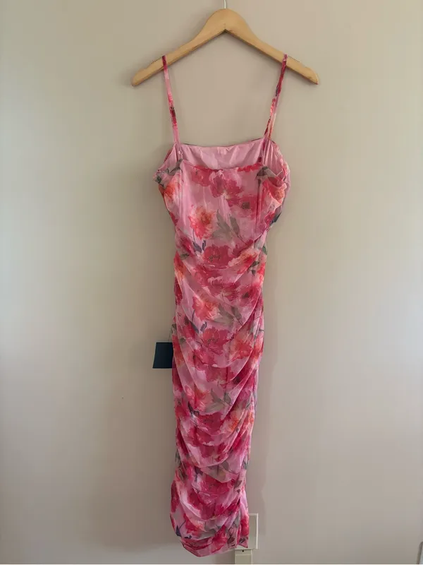 Lulus Blossoming Excellence Pink Floral Mesh Ruched Midi Dress Size Medium Party - Image 6