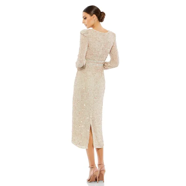 Mac Duggal Sequined‎ V Neck Bishop Sleeve Midi Dress 93593 - Image 3