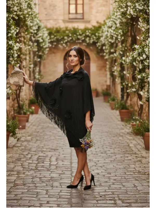 Janice Black Faux Suede Floral Fringe shawl Wrap One Size NWT - Image 2