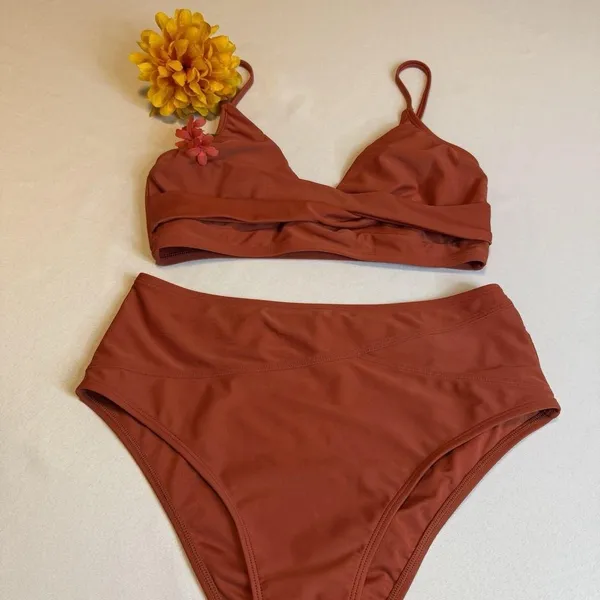 Cupshe Rust Solid Twist Top Spliced High Waist Bikini Set 2 Piece Swimwear Large - Image 12