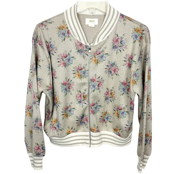 Anthropologie Maeve Lurex Floral Print Metallic Knit Bomber Jacket Size Small - Image 2