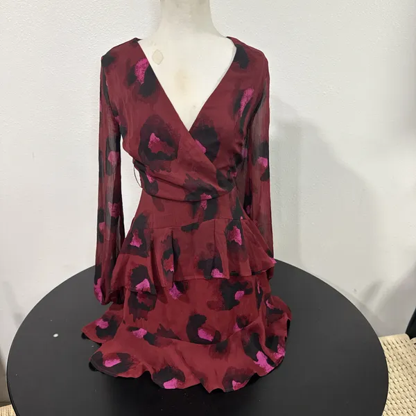Love Fire Burgundy Floral Ruffle Mini Dress | Long Sleeve Wrap Style - Image 2