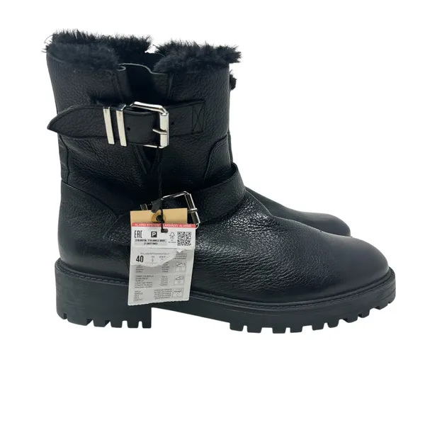 Zara Moto Ankle Boots Leather‎ Buckle Shearling Lined Black Size 40 US 9 - Image 3