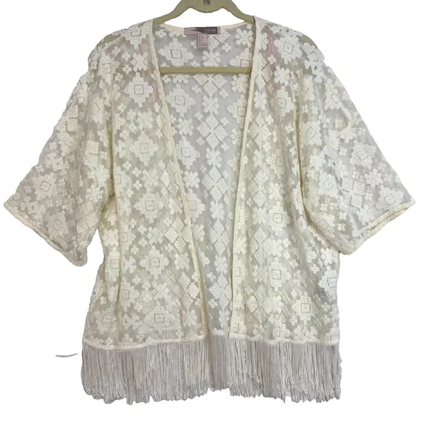 Forever 21 Sheer Kimono Cardigan Size‎ S Ivory Embroidered Fringe Boho Festival - Image 3