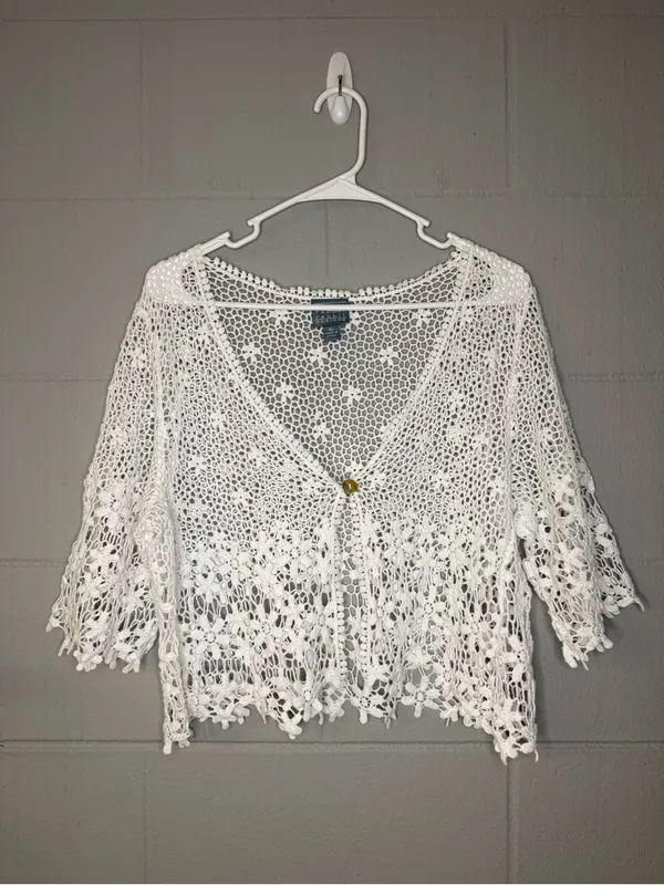 Vintage White Crochet Lace Cotton Cardigan Cover Up Women's XL Boho Cottagecore - Image 3