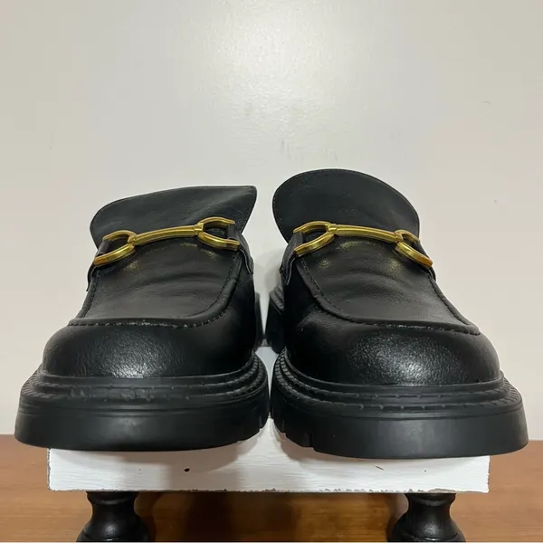 Women's Lulus Ranae Black Slide On Loafers Black Gold‎ Horsebit Hardware Size 10 - Image 8