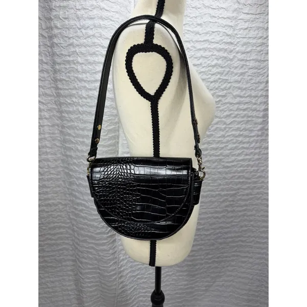 MNG Mango Black Crocodile Embossed Half Moon Shoulder Bag Gold Hardware - Image 2