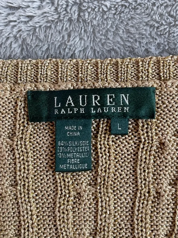 Lauren Ralph Lauren Gold lurex v neck cable knit sweater Xmas holidays luxurious - Image 4