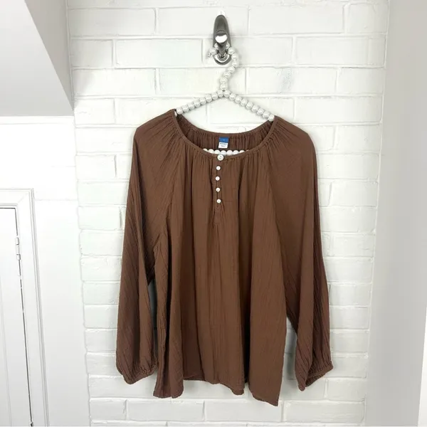 Old Navy Brown Gauzy Cotton Button Peasant Top Size L - Image 2