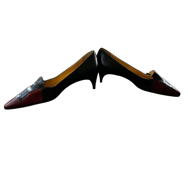 Vintage Manolo Blahnik Kitten Heels 36 Black Burgundy Two-Tone Leather Pumps - Image 11