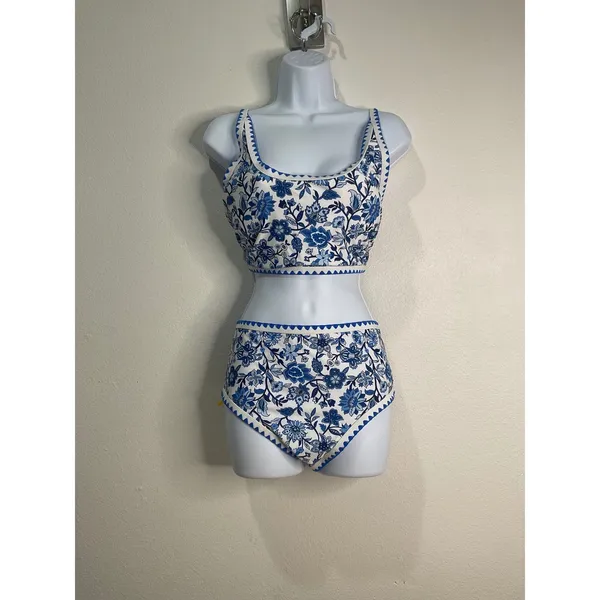 Womens Blue White Floral High Waisted Bikini Set Scallop Trim XL - Image 4