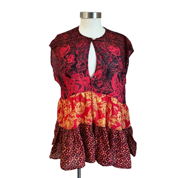 Free People Boho Red Warm Tones "Gotta Have‎ You" Tiered Tunic Blouse Size XS - Image 3