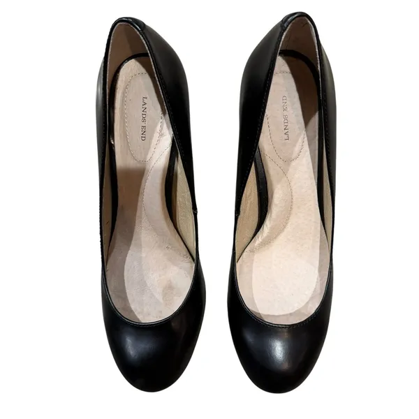 Lands End Pumps Size 7.5B Black Leather 3" Block Heel Neutral Classic Minimalist - Image 12