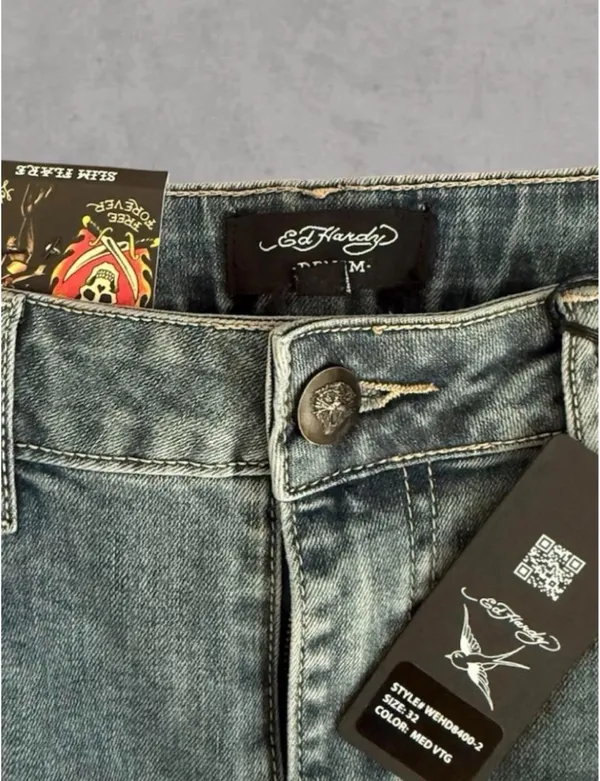 Ed Hardy Embroidered New York City Blue Denim Jeans Slim Flare - Image 6