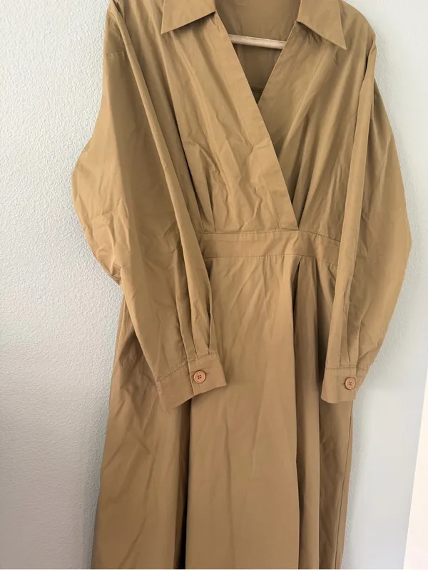 Cider Khaki 100% Cotton Wrap-Front Long Sleeve Midi Dress - Image 4