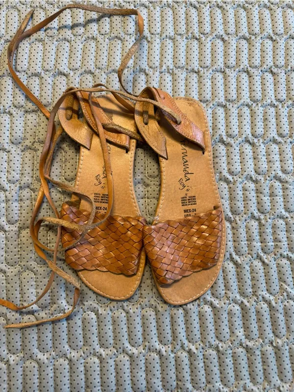 Women's Tan Woven Leather Lace-Up Sandals - Image 2