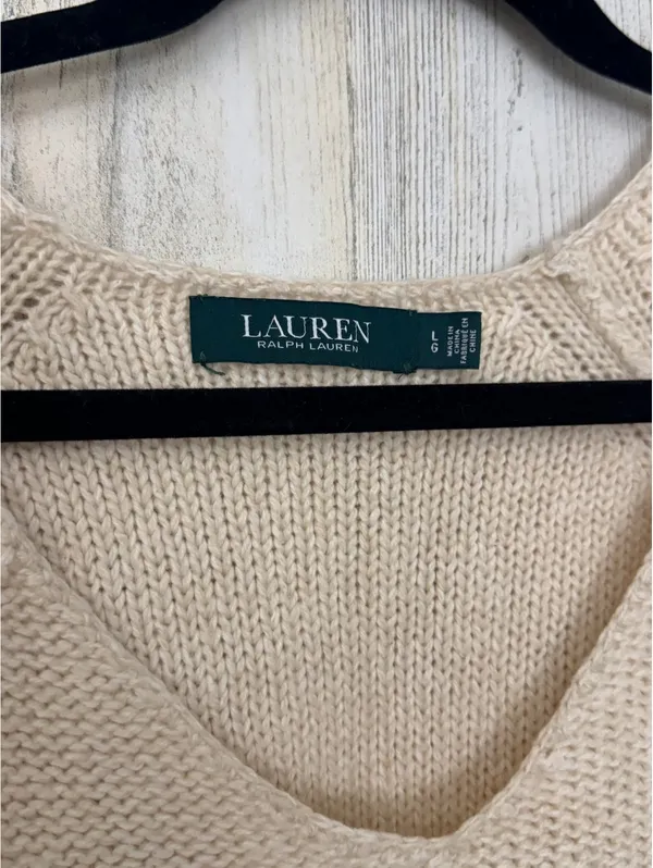 Lauren Ralph Lauren Women’s L Cream Ivory V-Neck Cotton Blend Knit Sweater - Image 3