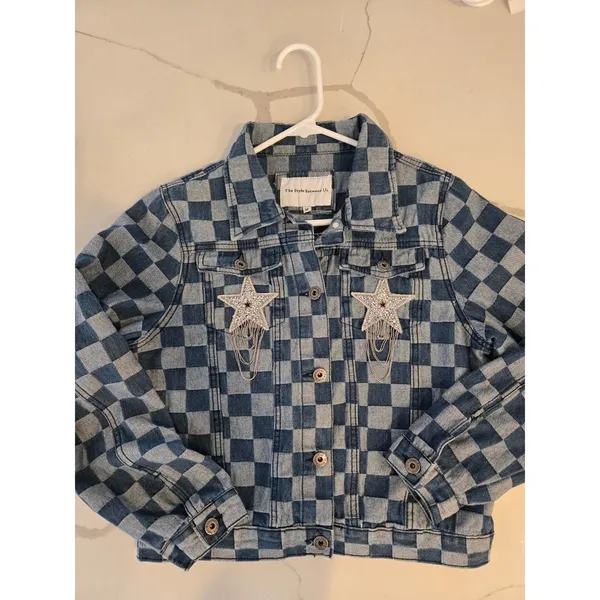 Forever 21 Checkered Board Print Cropped Trucker Denim Blue Y2K Jacket Medium - Image 11