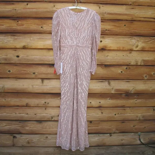 Mac Duggal Pink Size 8 Sequin Beaded Plunge Neck Long Sleeve Trumpet Gown Dress - Image 10