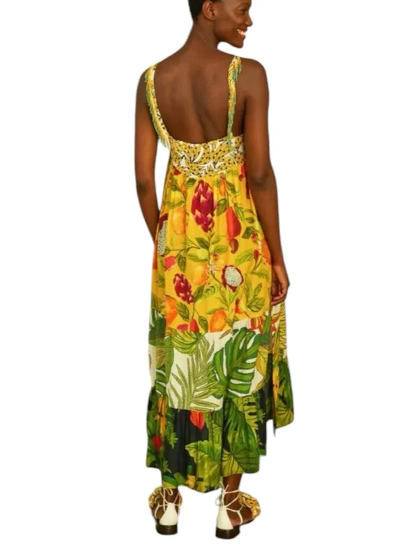Farm Rio size medium mixed prints Tropical Yellow Floral Maxi Dress beaded - Image 12