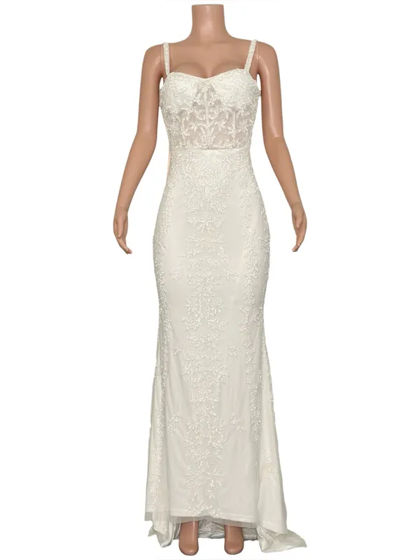 LULUS Luxe Bridal Momentous Love Beaded Bustier Mesh Mermaid Maxi Dress,White,XS - Image 4
