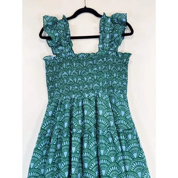 J Marie Midi Dress Green Floral Square Neck Ruffle Smocked Tiered A Line Medium - Image 8