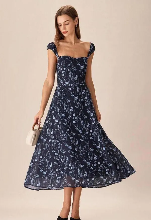 RIHOAS Navy Floral Sweetheart Neck Midi Dress - Image 2