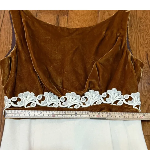 Vintage 60s Bronze Velvet‎ Lace Trim Empire Waist Maxi Dress Cream Column - Image 5