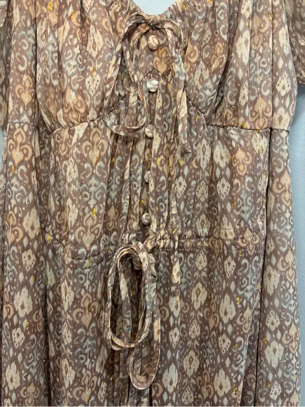 Moon River Puff Sleeve Tiered Maxi Dress S Boho Bohemian Neutral Paisley Gold - Image 3