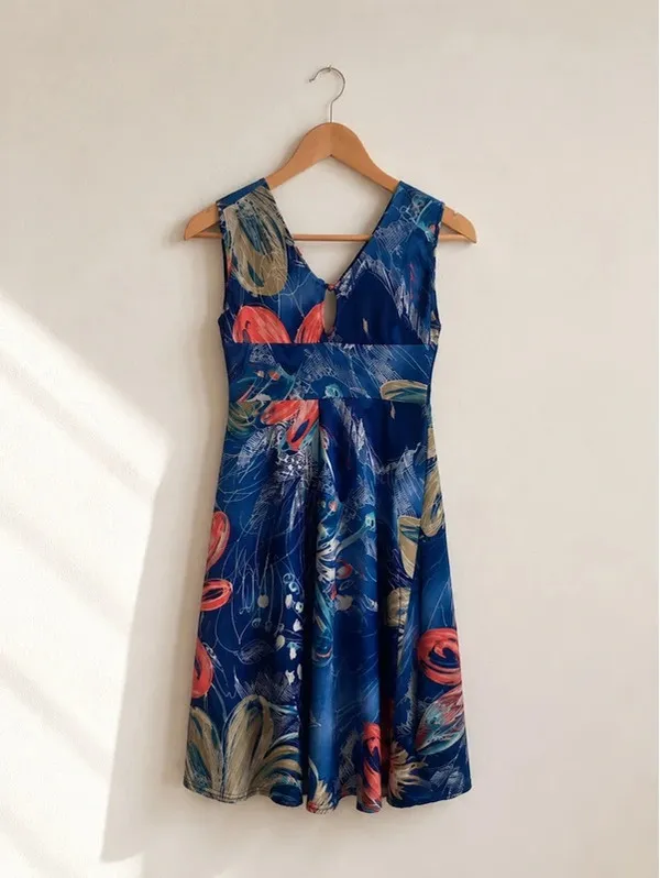 Made in Italy Tropical Floral Midi Dress | Blue Wrap Style | Size Small - Image 2