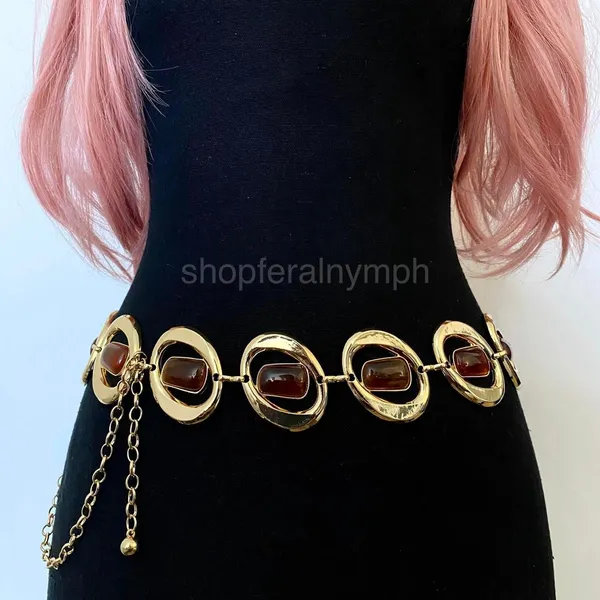 Gold Y2K Faux Amber Stone Chunky Oval Chain Belt, Fits 16-45 Inches, X7GA1385 - Image 2