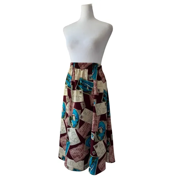 Vintage ‘90s Maggie Sweet Postcard Print Pleated Elastic Waist A-Line Midi Skirt - Image 4