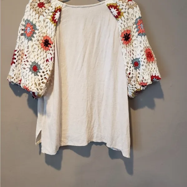 Umgee Boho Crochet Sleeve Top - Cream - Image 2