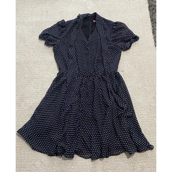 Betsey Johnson Navy Polka Dot Chiffon Puff Sleeve Tie Neck Knee Dress Size 10 - Image 14