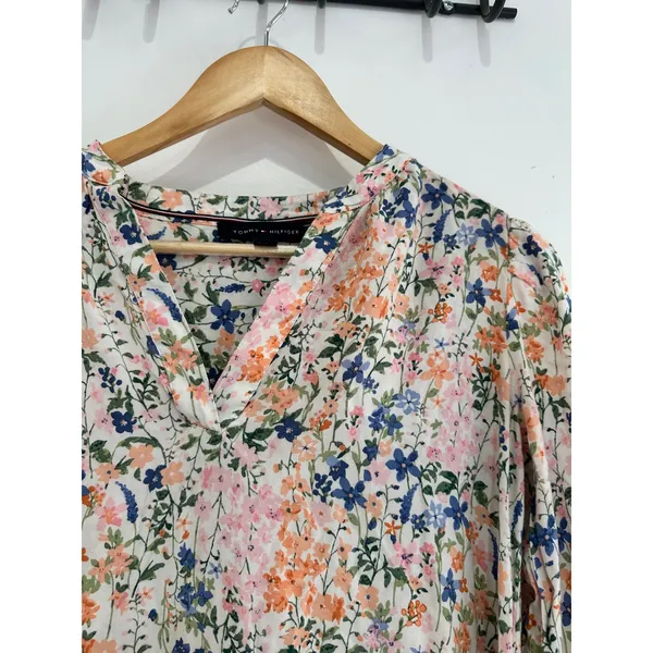 Tommy Hilfiger Floral V-Neck Ruffle Mini Dress XS Long Sleeve Tie Waist - Image 4