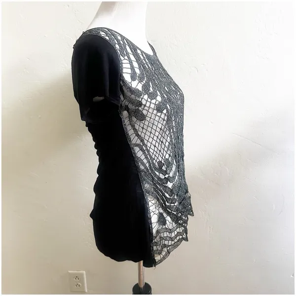 Daytrip Whimsygoth Top Y2K Open Knit Metallic Size Medium Black Silver - Image 9