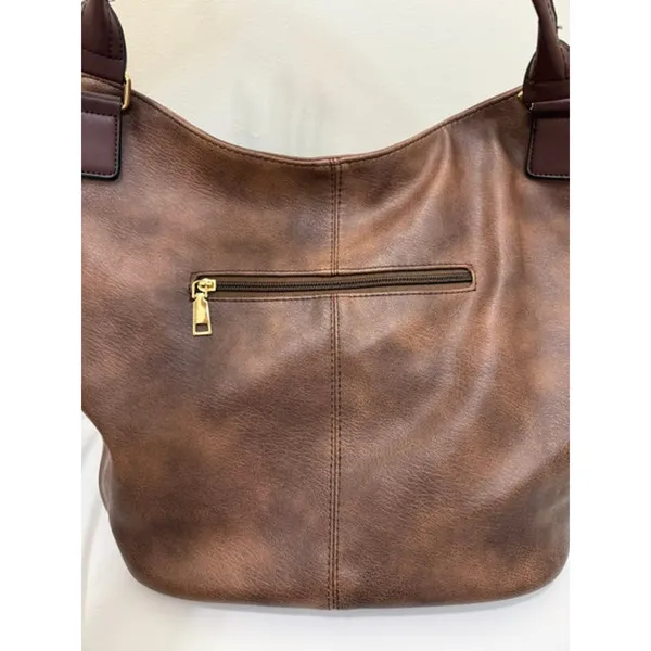 Vegan Leather Bucket Tote Crossbody Bag Brown Gold Hardware - Image 8