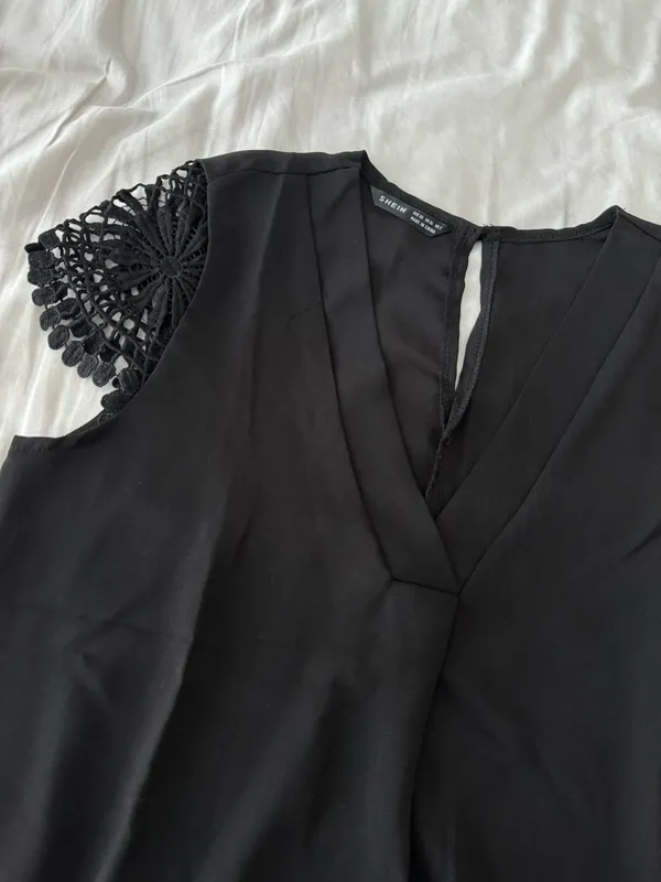 Black V-Neck Blouse With Lace Cap Sleeves - Image 3